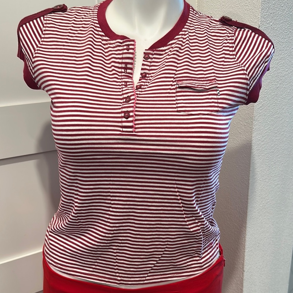 IZOD Striped Polo Cap Sleeve Tee Size M